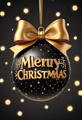 Black ornament with gold bow and merry christmas