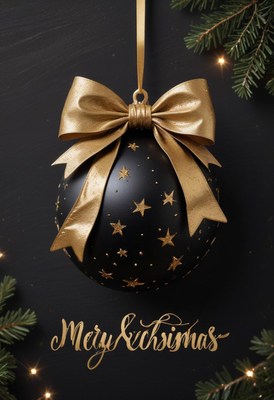 A black and gold ornament hangs against a dark background