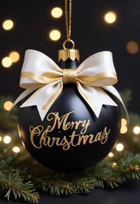 Black ornament with gold bow and merry christmas text