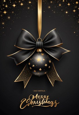 Black ornament with gold bow on a black background