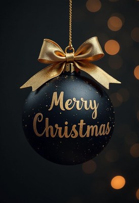 Black ornament with a gold bow, blurred lights behind