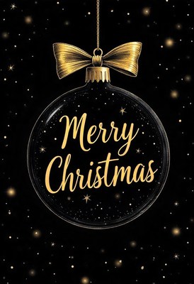 Gold ornament with bow on black starry background