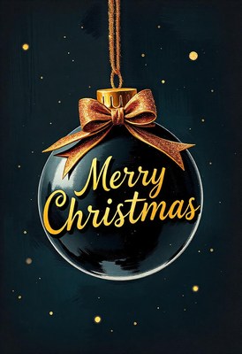 Black ornament with gold bow on dark blue backdrop