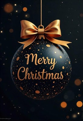 Black ornament with a gold bow on dark background