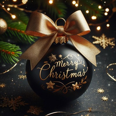 A black christmas ornament with a gold bow