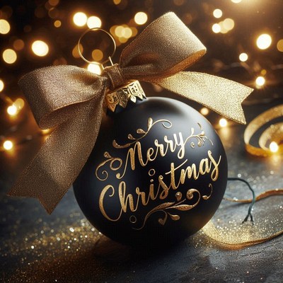 A black christmas ornament with a gold bow