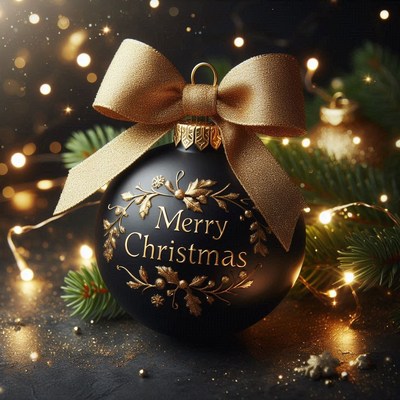 Black ornament with gold bow on a lit table