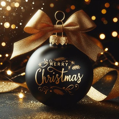 A black christmas ornament with gold lettering and ribbon