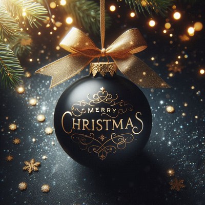 A black ornament with a gold bow hangs on pine