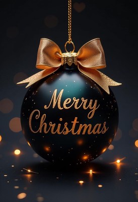 Black ornament with gold bow and merry christmas text