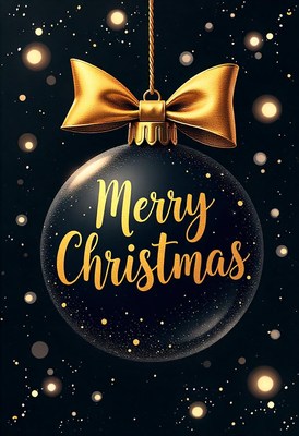 Black ornament with gold bow and merry christmas