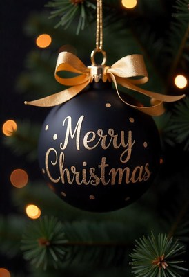 Black ornament with gold text hangs on tree