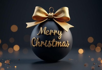 Black ornament with gold bow and merry christmas