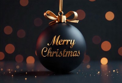 Black ornament with gold ribbon and 'merry christmas'