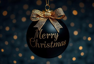 A black christmas ornament with a golden bow