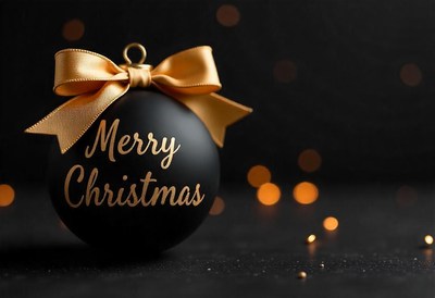 A black christmas ornament with a gold bow