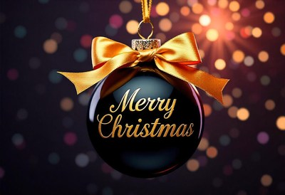 Black ornament with gold ribbon and merry christmas