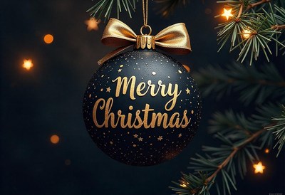 Black ornament with gold bow on tree branch