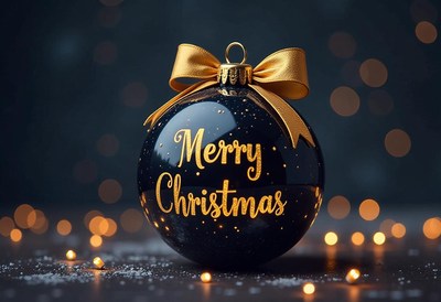 Black ornament with gold bow on dark surface