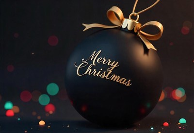 Black ornament with gold ribbon and 'merry christmas'