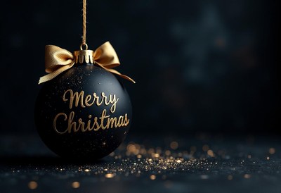 Black ornament with gold bow and merry christmas