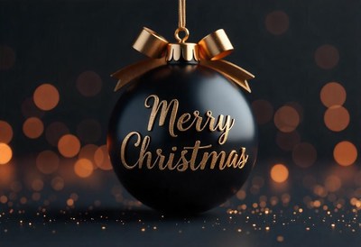 Black ornament with gold bow says merry christmas