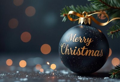 Black ornament with gold merry christmas lights