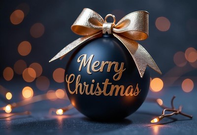 Black ornament with gold bow on dark surface