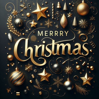 Festive xmas greeting with gold ornaments on black