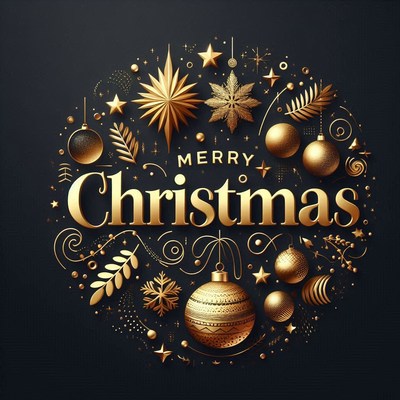 A golden christmas greeting with ornaments and stars