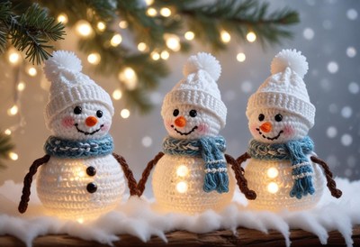 Three lit snowmen stand by a christmas tree