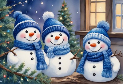 Three snowmen stand near a lit christmas tree