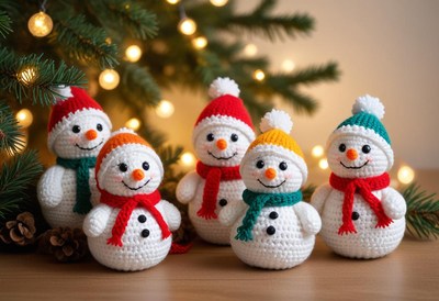 Four crocheted snowmen sit by a christmas tree