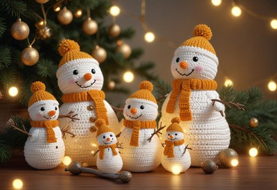 Knit snowmen with orange scarves stand near a christmas tree