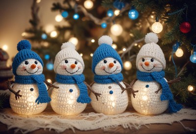 Four knitted snowmen stand in front of a christmas tree