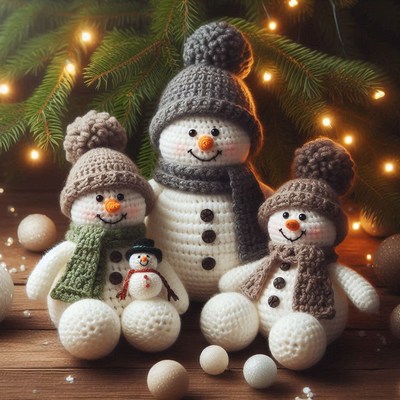 Knit snowmen sit under a christmas tree