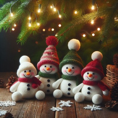 Three knitted snowmen sit under a christmas tree