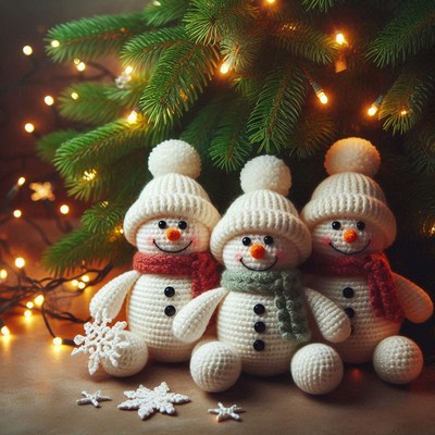 Three knitted snowmen sit under a christmas tree