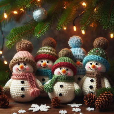 Knit snowmen sit under a christmas tree