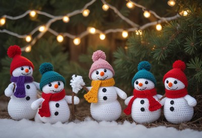 Five snowmen glow in the snow