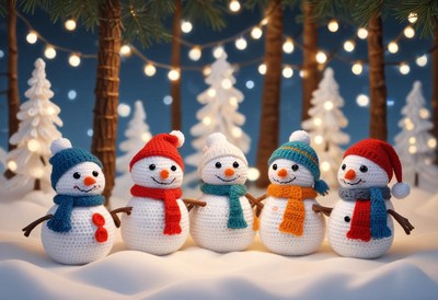 Five crocheted snowmen stand in a snowy forest