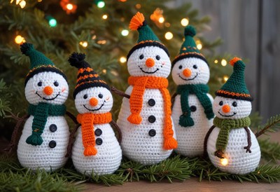 Crocheted snowmen gather by the christmas tree