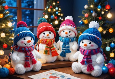 Four crocheted snowmen sit near a christmas tree