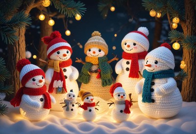 Crocheted snowmen gather under a lit tree