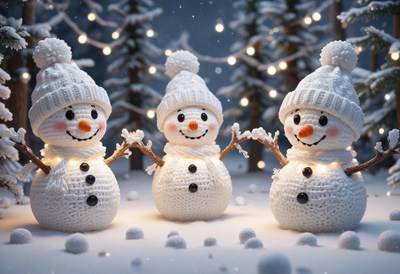 Three snowmen stand in a winter wonderland