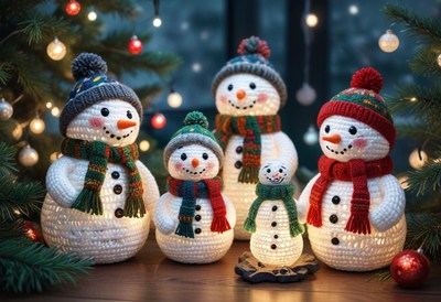 A family of crocheted snowmen stand near a christmas tree