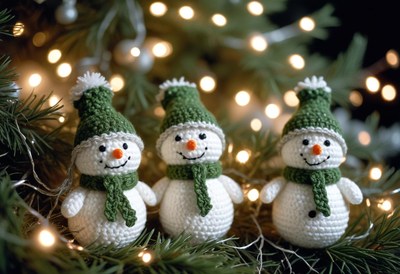 Three crocheted snowmen sit on a tree branch