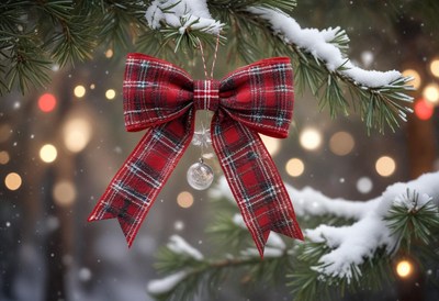 A red plaid bow hangs from a snowy pine branch