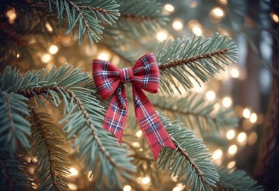 A red plaid bow adorns a pine branch with twinkling lights