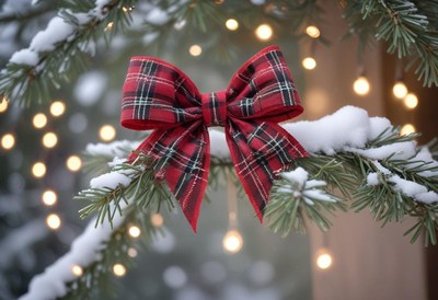 Red plaid bow on snowy pine with twinkling lights
